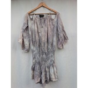 BLUE LIFE Smocked Drop Waist Dress Womens XS Grey Tie Dye Cold Shoulder Boho